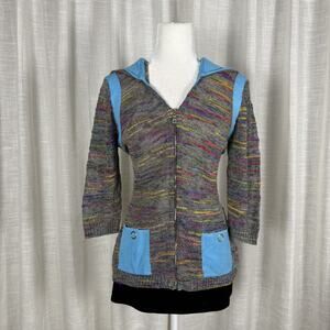 Cardigan Sweater Womens Small Gray Multicolor Stripe Hooded Full Zip Pockets
